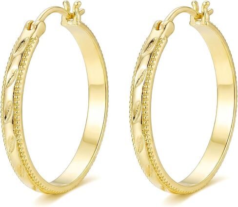 14k Yellow Gold Hoop Earrings for Women, Leaf-Engraved Huggie Hoops with Beaded Edge & Smooth Inner, Hypoallergenic Textured Jewelry Gift 20/25/30mm in Saudi Arabia