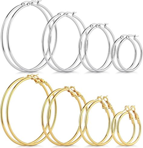 8 Pairs Gold Hoop Earrings for Women, 14K Gold Plated and Silver Hoops, Hypoallergenic Stainless Steel Classic Thin Large Set 30/40/50/60mm (1.18–2.36in) in Kuwait