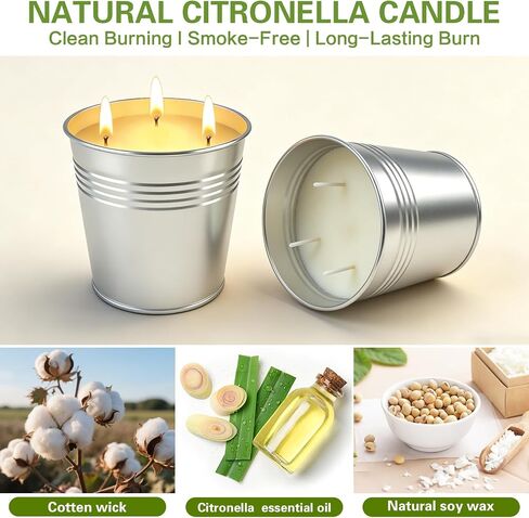 Citronella Candles Outdoor, 13 oz Large 3-Wick Soy Wax Candles for Patio, 2 Pack, Total 160H Burn Time, Natural Citronella Oil, Decorative Silver Tin Candle for Backyard, Garden, Camping, Deck in Saudi Arabia