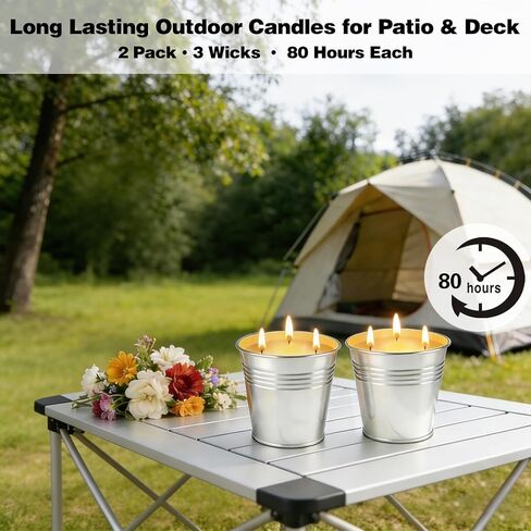 Citronella Candles Outdoor, 13 oz Large 3-Wick Soy Wax Candles for Patio, 2 Pack, Total 160H Burn Time, Natural Citronella Oil, Decorative Silver Tin Candle for Backyard, Garden, Camping, Deck in Saudi Arabia