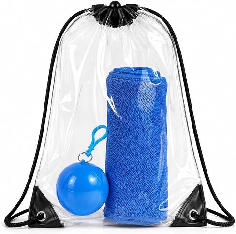 Clear Stadium Bag with Poncho & Cooling Towel – Stadium Approved Transparent Drawstring Backpack for Concerts, Sports Events, Festivals, Travel & Game Day Essentials in Kuwait