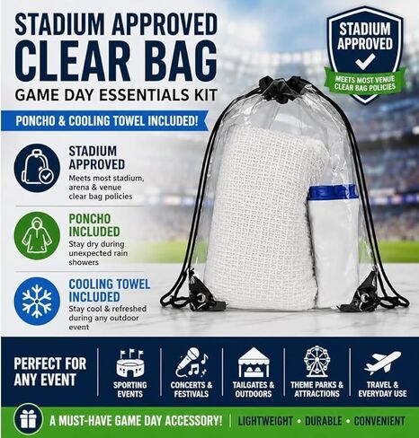 Clear Stadium Bag with Poncho & Cooling Towel – Stadium Approved Transparent Drawstring Backpack for Concerts, Sports Events, Festivals, Travel & Game Day Essentials in Kuwait