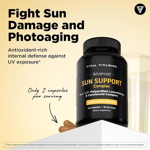 Vital Vitamins Sun Support Complex Supplement - Made with Polypodium Leucotomos, Carotenoid Complex, Astaxanthin, & Lutein - Internal Sun Defense & UV Oxidative Stress Support - 60 Capsules in Saudi Arabia
