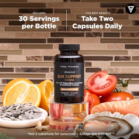 Vital Vitamins Sun Support Complex Supplement - Made with Polypodium Leucotomos, Carotenoid Complex, Astaxanthin, & Lutein - Internal Sun Defense & UV Oxidative Stress Support - 60 Capsules in Saudi Arabia