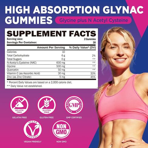 Glynac Gummies, Glycine & N-Acetyl Cysteine Supplement for Adults, with Quercetin, Vitamin C & Zinc, Liver & Cellular Support, Glutathione Production, 60 Count in Saudi Arabia