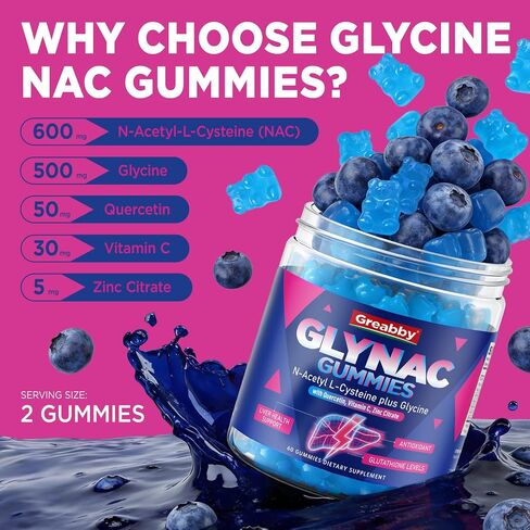 Glynac Gummies, Glycine & N-Acetyl Cysteine Supplement for Adults, with Quercetin, Vitamin C & Zinc, Liver & Cellular Support, Glutathione Production, 60 Count in Saudi Arabia