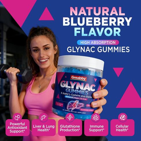 Glynac Gummies, Glycine & N-Acetyl Cysteine Supplement for Adults, with Quercetin, Vitamin C & Zinc, Liver & Cellular Support, Glutathione Production, 60 Count in Saudi Arabia