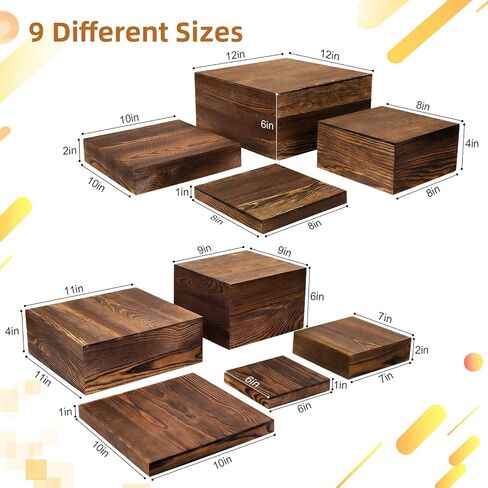 9 Pack Wooden Risers Display Stands Square Food Risers for Buffet Party Rustic Wood Cake & Cupcake Stands Nesting Box Wooden Crates for Display (9, Brown) in Kuwait