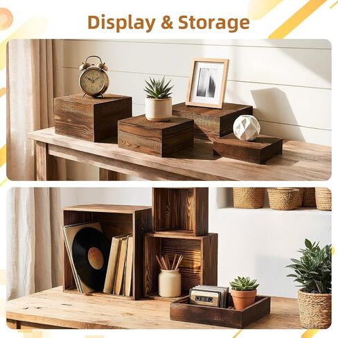 9 Pack Wooden Risers Display Stands Square Food Risers for Buffet Party Rustic Wood Cake & Cupcake Stands Nesting Box Wooden Crates for Display (9, Brown) in Kuwait