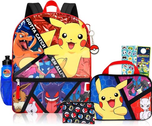 Pokemon Backpack Set for Boys - Bundle with 16" Pikachu Backpack, Snack Bag, Water Bottle, Pencil Case, More | Pokemon School Bag for Kids in Kuwait