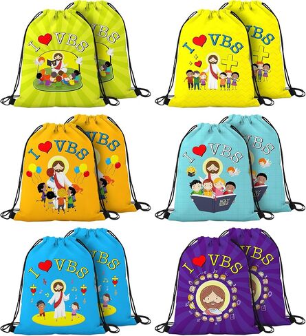 Shinylin 12 Pcs Vbs 2026 Drawstring Backpack Vacation Bible Christian Bible Bag I Love Vbs Drawstring Bags 6 Designs with Jesus Image & Inspirational Quotes for Sunday Church Camp in Saudi Arabia
