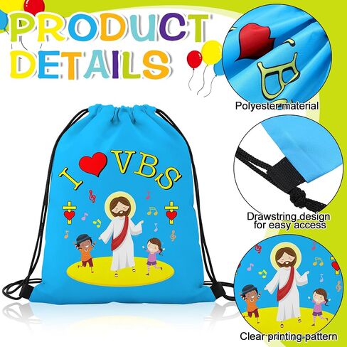 Shinylin 12 Pcs Vbs 2026 Drawstring Backpack Vacation Bible Christian Bible Bag I Love Vbs Drawstring Bags 6 Designs with Jesus Image & Inspirational Quotes for Sunday Church Camp in Saudi Arabia