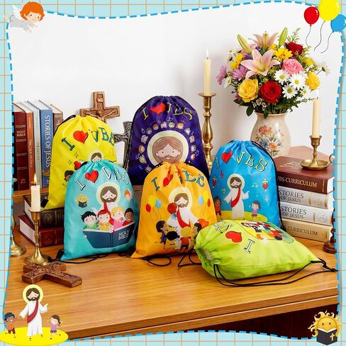 Shinylin 12 Pcs Vbs 2026 Drawstring Backpack Vacation Bible Christian Bible Bag I Love Vbs Drawstring Bags 6 Designs with Jesus Image & Inspirational Quotes for Sunday Church Camp in Saudi Arabia