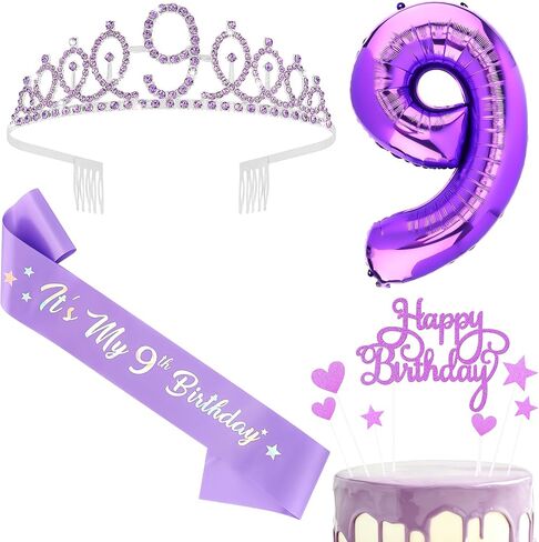 Atoden Birthday Decorations for Girl Gift Crown Tiara Headband Sash Cake Topper Purple Balloon 3rd 4th 5th 6th 7th 8th 9th in Saudi Arabia