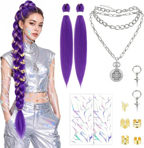 9 PCS Demon Inspired Kpop Singer Costume Accessories Set for Women, Long Purple Braided Wig, Cross Earrings, Chain Necklace, Gold Hair Jewelry, Mark Tattoos for Halloween Cosplay Party in Saudi Arabia
