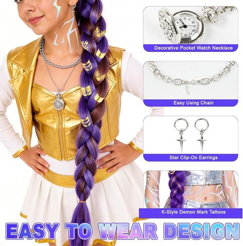 9 PCS Demon Inspired Kpop Singer Costume Accessories Set for Women, Long Purple Braided Wig, Cross Earrings, Chain Necklace, Gold Hair Jewelry, Mark Tattoos for Halloween Cosplay Party in Saudi Arabia