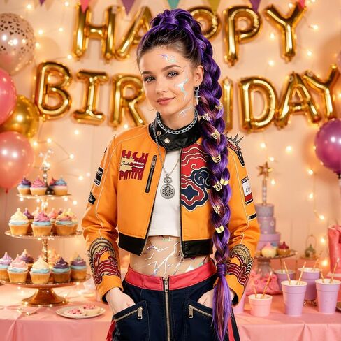 9 PCS Demon Inspired Kpop Singer Costume Accessories Set for Women, Long Purple Braided Wig, Cross Earrings, Chain Necklace, Gold Hair Jewelry, Mark Tattoos for Halloween Cosplay Party in Saudi Arabia
