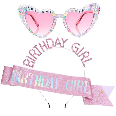 3Pcs Birthday Girl Sash Headband and Sunglasses Set Pink Princess Crown Tiara Birthday Party Decorations for Women Girls in Kuwait