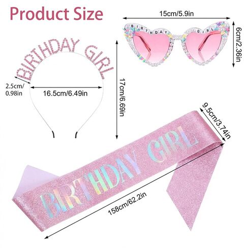 3Pcs Birthday Girl Sash Headband and Sunglasses Set Pink Princess Crown Tiara Birthday Party Decorations for Women Girls in Kuwait