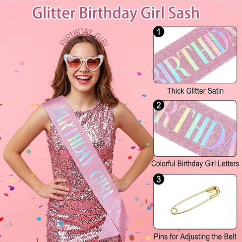 3Pcs Birthday Girl Sash Headband and Sunglasses Set Pink Princess Crown Tiara Birthday Party Decorations for Women Girls in Kuwait
