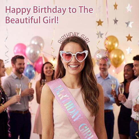 3Pcs Birthday Girl Sash Headband and Sunglasses Set Pink Princess Crown Tiara Birthday Party Decorations for Women Girls in Kuwait