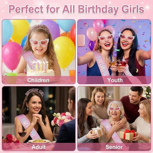 3Pcs Birthday Girl Sash Headband and Sunglasses Set Pink Princess Crown Tiara Birthday Party Decorations for Women Girls in Kuwait