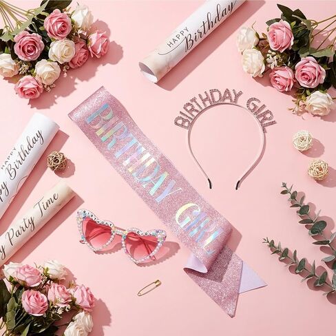 3Pcs Birthday Girl Sash Headband and Sunglasses Set Pink Princess Crown Tiara Birthday Party Decorations for Women Girls in Kuwait
