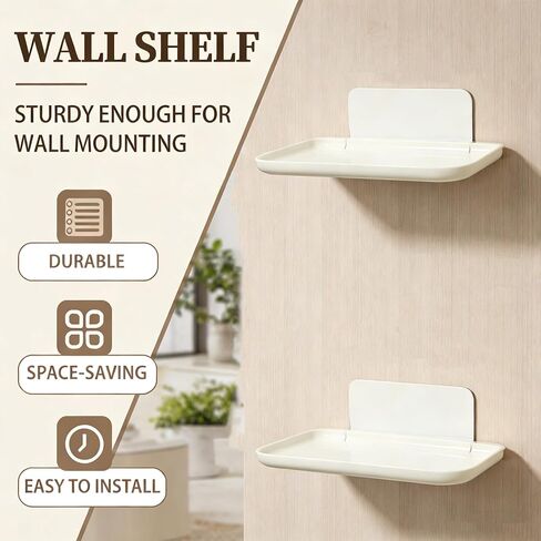 2 Pcs Small Shelf for Wall, Foldable Bedside Shelf & Small Wall Shelves No Drill Adhesive Folding Shelf, Stick-on Floating Wall Rack Organizer Tray for Bedroom Bathroom Kitchen Entryway, White in Saudi Arabia