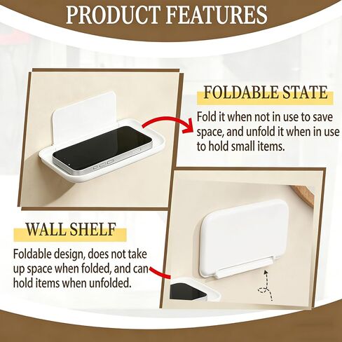 2 Pcs Small Shelf for Wall, Foldable Bedside Shelf & Small Wall Shelves No Drill Adhesive Folding Shelf, Stick-on Floating Wall Rack Organizer Tray for Bedroom Bathroom Kitchen Entryway, White in Saudi Arabia