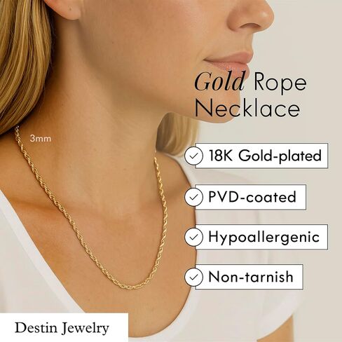 18K Gold Plated Rope Chain Necklace, Adjustable Stainless Steel Jewelry for Men & Women, Tarnish & Water Resistant, 2MM–7MM, 6"–30" Lengths in Saudi Arabia