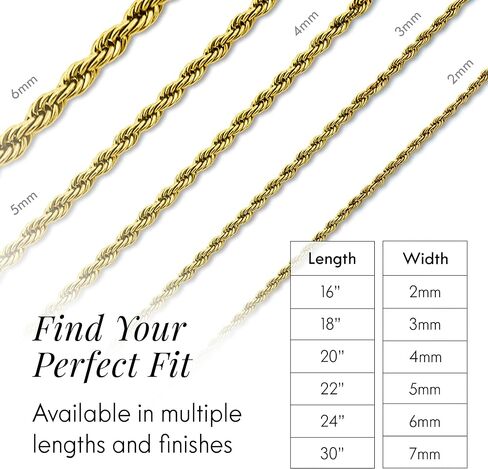 18K Gold Plated Rope Chain Necklace, Adjustable Stainless Steel Jewelry for Men & Women, Tarnish & Water Resistant, 2MM–7MM, 6"–30" Lengths in Saudi Arabia
