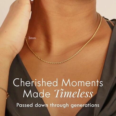 18K Gold Plated Rope Chain Necklace, Adjustable Stainless Steel Jewelry for Men & Women, Tarnish & Water Resistant, 2MM–7MM, 6"–30" Lengths in Saudi Arabia