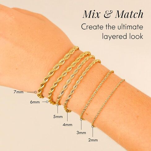 18K Gold Plated Rope Chain Necklace, Adjustable Stainless Steel Jewelry for Men & Women, Tarnish & Water Resistant, 2MM–7MM, 6"–30" Lengths in Saudi Arabia