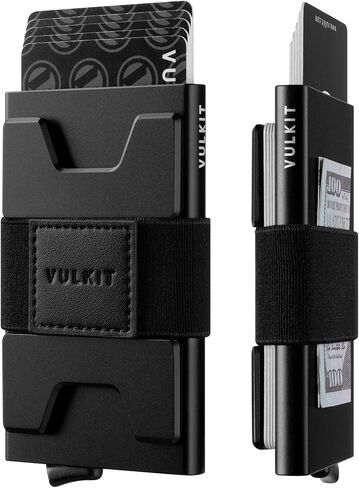 محفظة حامل بطاقات VULKIT RFID للرجال، لوحة خلفية من الألومنيوم قابلة للتوسيع، محفظة معدنية نحيفة، تحمل أكثر من 15 بطاقة ونقود، أسود in Kuwait