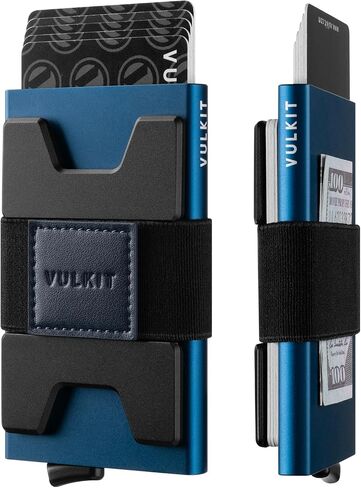 محفظة حامل بطاقات VULKIT RFID للرجال، لوحة خلفية من الألومنيوم قابلة للتوسيع، محفظة معدنية نحيفة، تحمل أكثر من 15 بطاقة ونقود، أسود in Kuwait