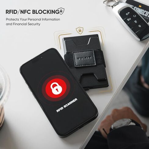 محفظة حامل بطاقات VULKIT RFID للرجال، لوحة خلفية من الألومنيوم قابلة للتوسيع، محفظة معدنية نحيفة، تحمل أكثر من 15 بطاقة ونقود، أسود in Kuwait