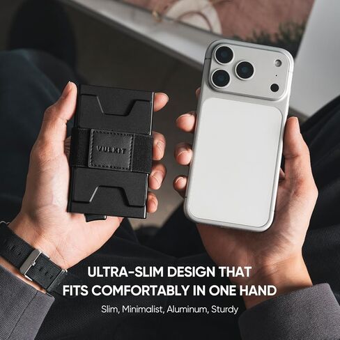 محفظة حامل بطاقات VULKIT RFID للرجال، لوحة خلفية من الألومنيوم قابلة للتوسيع، محفظة معدنية نحيفة، تحمل أكثر من 15 بطاقة ونقود، أسود in Kuwait