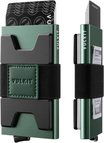 محفظة حامل بطاقات VULKIT RFID للرجال، لوحة خلفية من الألومنيوم قابلة للتوسيع، محفظة معدنية نحيفة، تحمل أكثر من 15 بطاقة ونقود، أسود in Kuwait