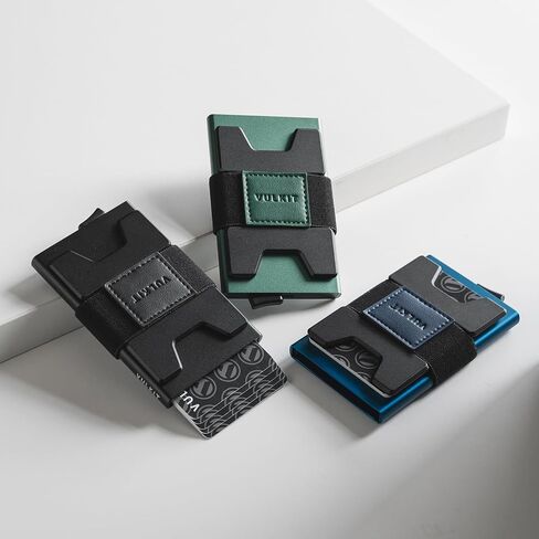 محفظة حامل بطاقات VULKIT RFID للرجال، لوحة خلفية من الألومنيوم قابلة للتوسيع، محفظة معدنية نحيفة، تحمل أكثر من 15 بطاقة ونقود، أسود in Kuwait