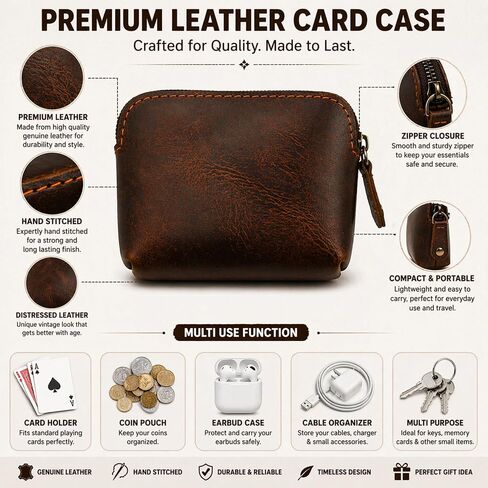 Leather Playing Card Case with Zipper, Handmade Poker Card Holder, Small Multi Use Storage Pouch for Coins, Earbuds & Accessories, Brown, 12 x 9 x 4 cm in Saudi Arabia