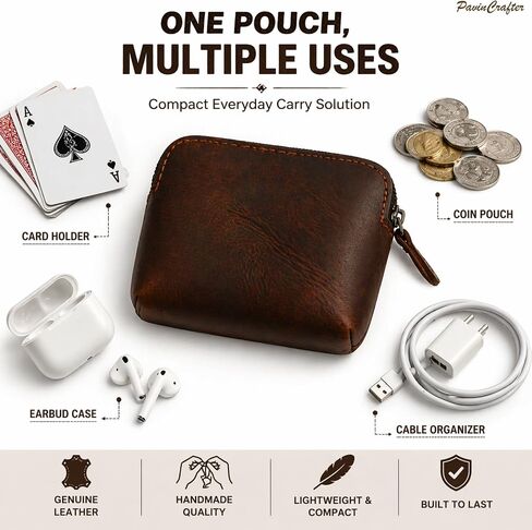 Leather Playing Card Case with Zipper, Handmade Poker Card Holder, Small Multi Use Storage Pouch for Coins, Earbuds & Accessories, Brown, 12 x 9 x 4 cm in Saudi Arabia