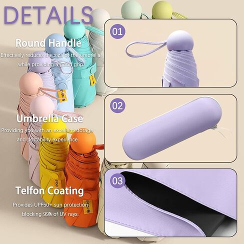 Travel Umbrella Portable Compact Folding Umbrellas With Round Handle for Kids Women/Pocket Mini for Purse/Umbrellas for UV Sun & Rain Small for Backpack/Parasol with Capsule Case in Kuwait