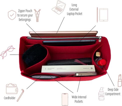 Divitize Premium Purse Organizer compatible with LV Slouchy PM/MM Insert — Handmade 2mm Felt Insert, Perfect Fit, No Bulky Effect & Gold Zipper (Red, For Slouchy MM) in Saudi Arabia