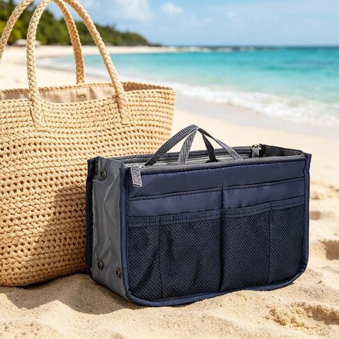 1 Piece Purse Organizer Insert, Foldable Bag in Bag Organizer, Multi-Pocket Tote Organizer, with Handheld Design, for Digital Accessories, Cosmetics (Navy Blue) in Kuwait