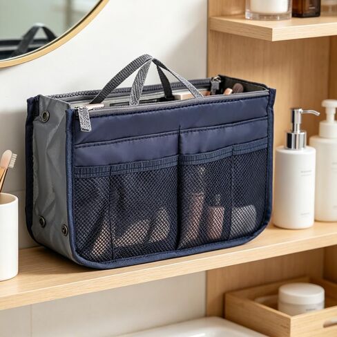 1 Piece Purse Organizer Insert, Foldable Bag in Bag Organizer, Multi-Pocket Tote Organizer, with Handheld Design, for Digital Accessories, Cosmetics (Navy Blue) in Kuwait