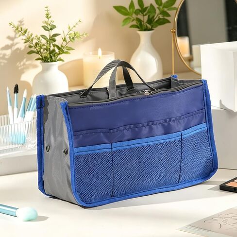 1 Piece Purse Organizer Insert, Foldable Bag in Bag Organizer, Multi-Pocket Tote Organizer, with Handheld Design, for Digital Accessories, Cosmetics (Navy Blue) in Kuwait