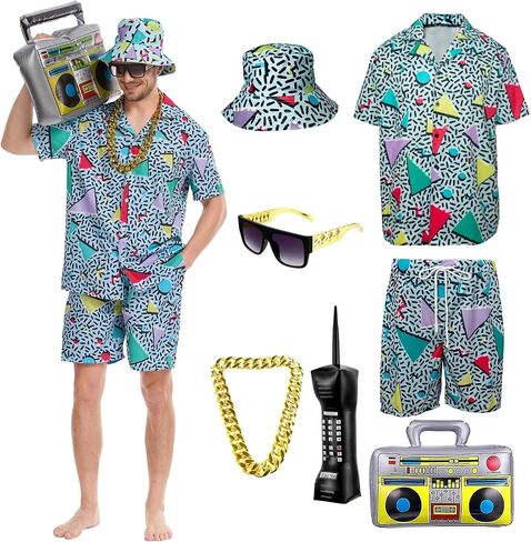 80s 90s Outfit for Men Hip Hop Shirts and Shorts Set, 80s Themed Party Outfits Set,Vintage Theme Party in Kuwait