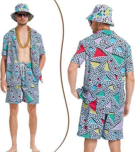 80s 90s Outfit for Men Hip Hop Shirts and Shorts Set, 80s Themed Party Outfits Set,Vintage Theme Party in Kuwait