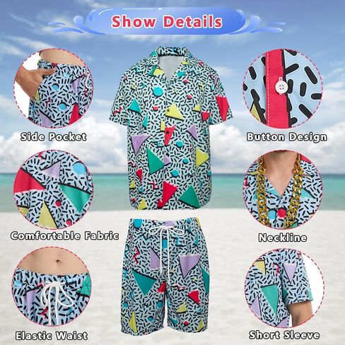 80s 90s Outfit for Men Hip Hop Shirts and Shorts Set, 80s Themed Party Outfits Set,Vintage Theme Party in Kuwait