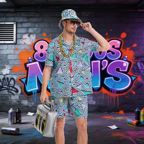 80s 90s Outfit for Men Hip Hop Shirts and Shorts Set, 80s Themed Party Outfits Set,Vintage Theme Party in Kuwait